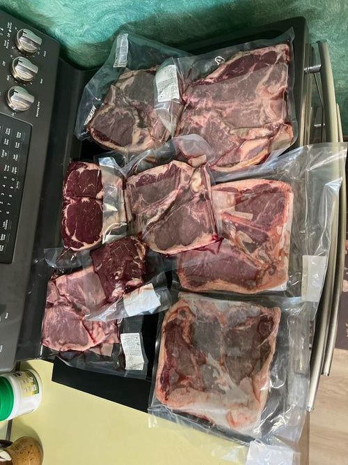 Vacuum-sealed Finch Farms beef, ready for the freezer